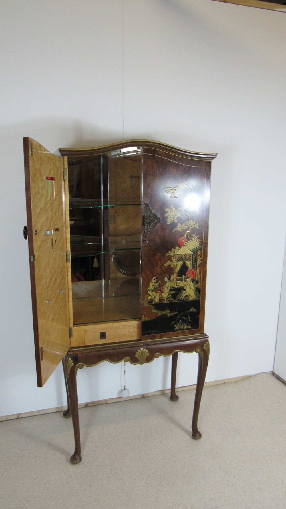 Superb walnut chinoiserie cocktail cabinet View X