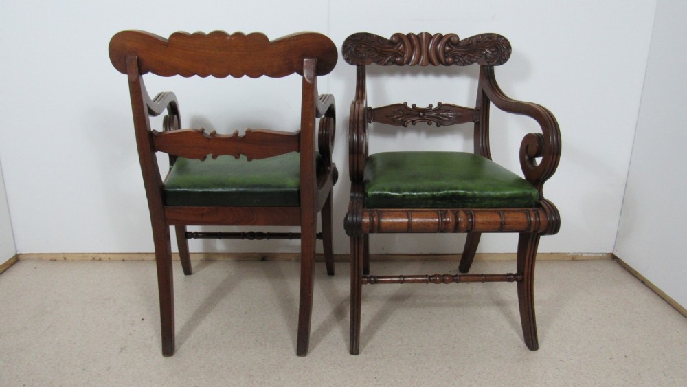 A pair of carved mahogany armchairs featuring scroll-carved top rails, curved armrests, reeded front rails, and green leather upholstered seats. View VIII