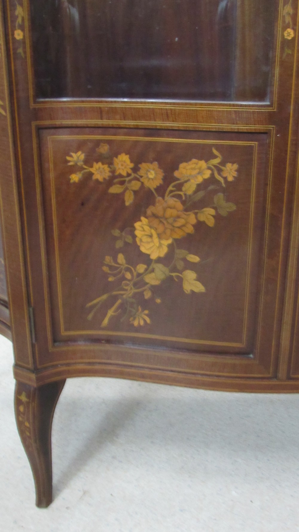 Wonderful Edwardian pair of serpentine  inlaid display cabinets  View IV