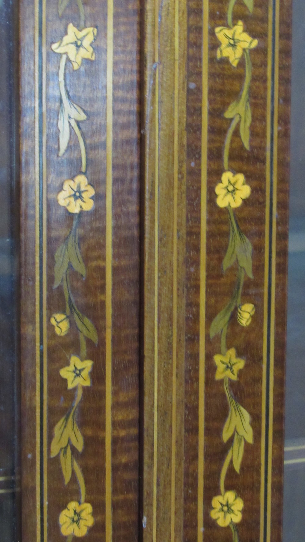 Wonderful Edwardian pair of serpentine  inlaid display cabinets  View V