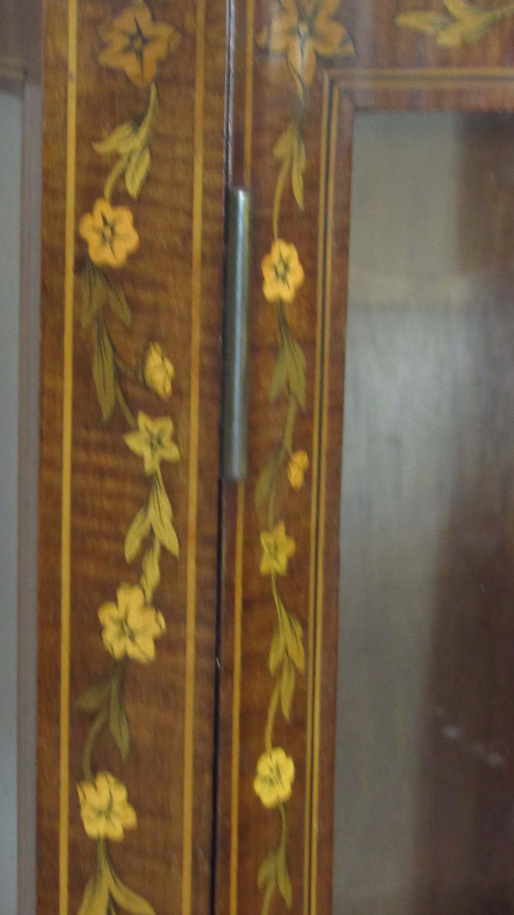 Wonderful Edwardian pair of serpentine  inlaid display cabinets  View VI