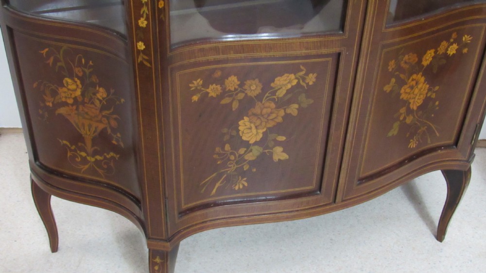 Wonderful Edwardian pair of serpentine  inlaid display cabinets  View VII