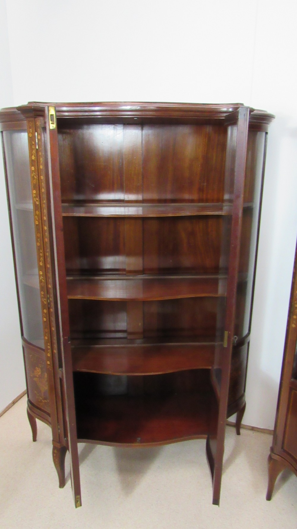 Wonderful Edwardian pair of serpentine  inlaid display cabinets  View VIII
