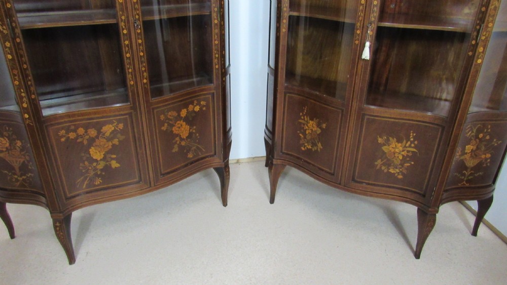 Wonderful Edwardian pair of serpentine  inlaid display cabinets  View IX