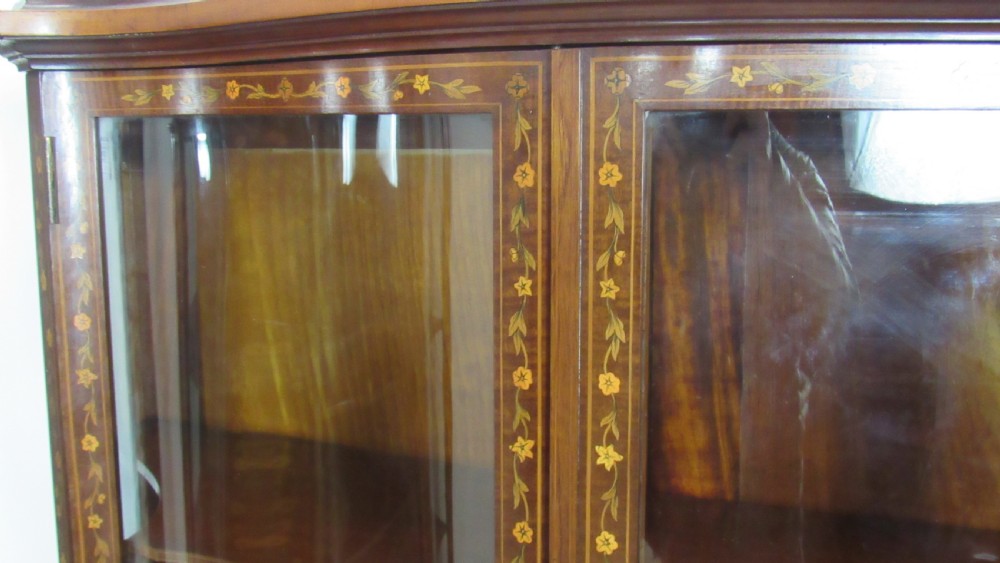 Wonderful Edwardian pair of serpentine  inlaid display cabinets  View X