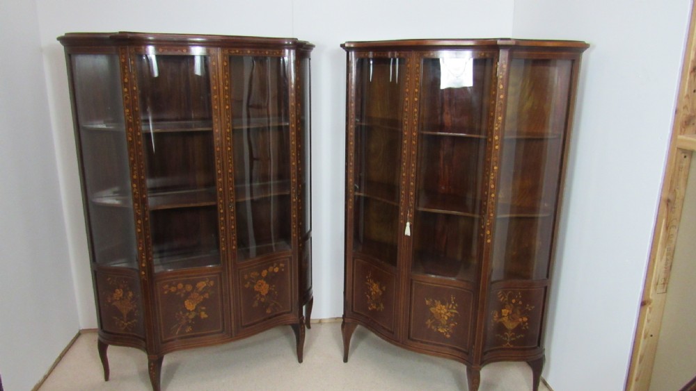 Wonderful Edwardian pair of serpentine  inlaid display cabinets  View XII