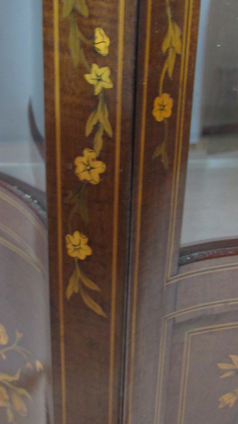 Wonderful Edwardian pair of serpentine  inlaid display cabinets  View XV