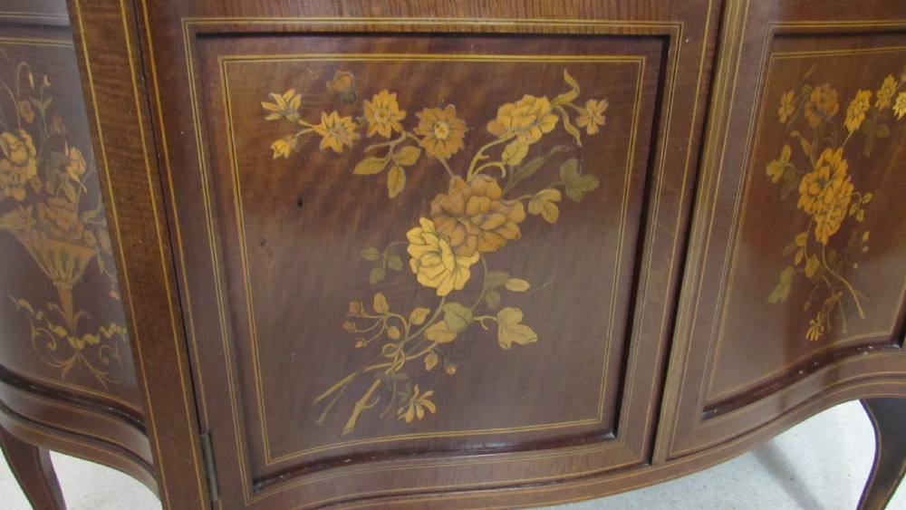 Wonderful Edwardian pair of serpentine  inlaid display cabinets  View XVI