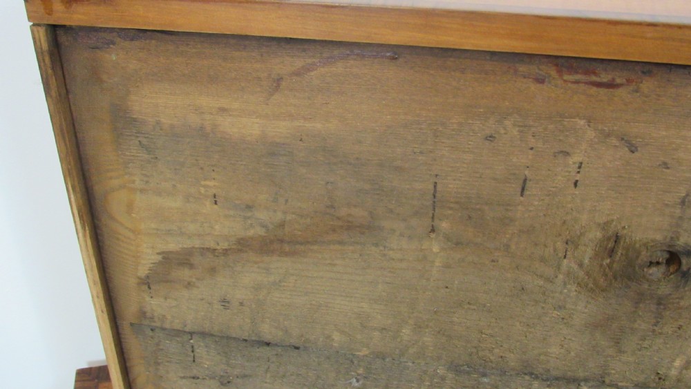 A 19th-century wooden side table featuring square tapered legs, a single drawer with brass handles, and a decorative oval inlaid top surface. View XIV