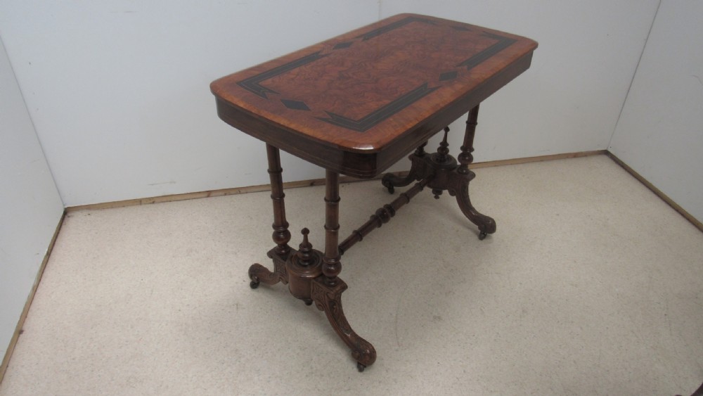 Victorian walnut inlaid stretcher side  table  View II