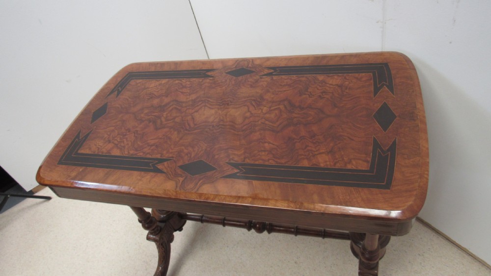 Victorian walnut inlaid stretcher side  table  View III