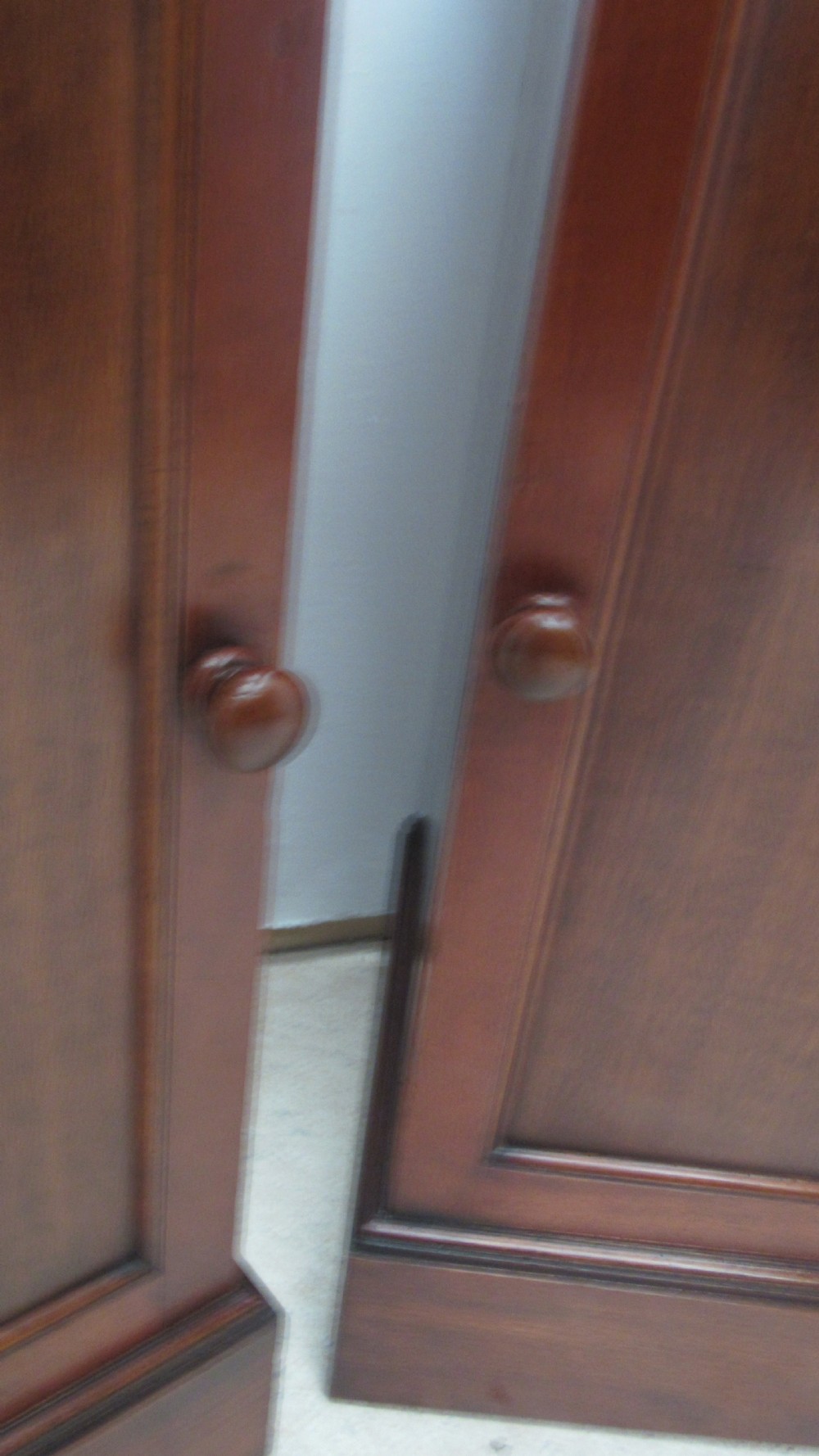 A pair of antique mahogany pot cupboards featuring three-sided gallery tops, single panelled doors with wooden knobs, and solid plinth bases. View XIV