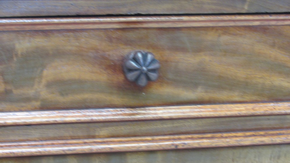 A Victorian mahogany side cabinet with a low rear gallery, two upper drawers, and three arched panel cupboard doors set on a plinth base. View III