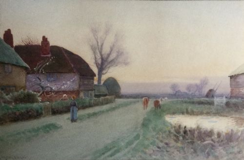 ADELAIDE HASELGRAVE WATERCOLOUR’ CATTLE BY COTTAGES AT DUSK’