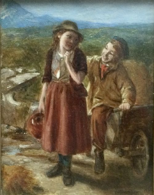 WILLIAM HEMSLEY OIL PAINTING’BOY AND GIRL BY A WHEELBARROW’