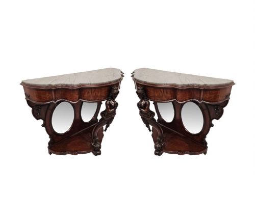 A VERY RARE AND IMPRESSIVE PAIR OF TALL 19TH CENTURY MARBLE TOP COUNTRY HOUSE CONSOLE TABLES - ADDITIONAL PHOTO 1