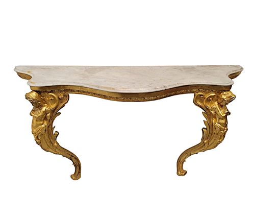 A VERY FINE AND RARE 19TH CENTURY MARBLE TOP GILTWOOD CONSOLE TABLE