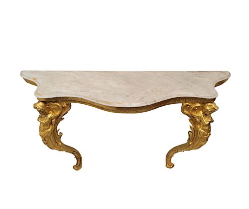 A VERY FINE AND RARE 19TH CENTURY MARBLE TOP GILTWOOD CONSOLE TABLE - ADDITIONAL PHOTO 1
