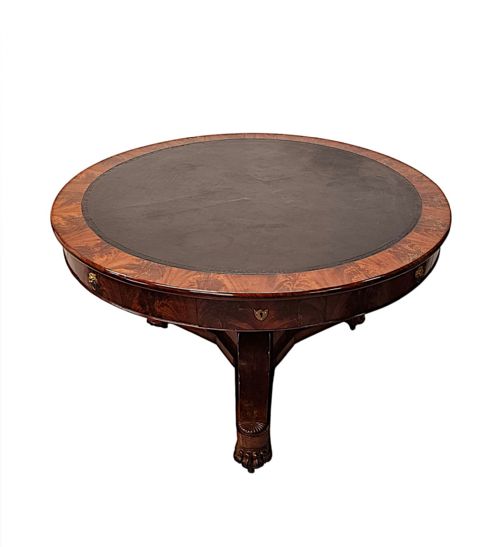 A VERY RARE LARGE 19TH CENTURY FLAME MAHOGANY LEATHER TOP DRUM CENTRE TABLE - ADDITIONAL PHOTO 2