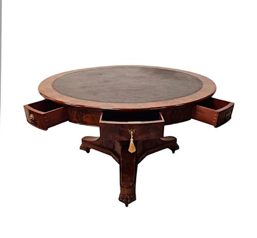 A VERY RARE LARGE 19TH CENTURY FLAME MAHOGANY LEATHER TOP DRUM CENTRE TABLE - ADDITIONAL PHOTO 3