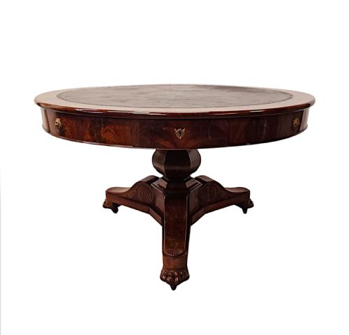 A VERY RARE LARGE 19TH CENTURY FLAME MAHOGANY LEATHER TOP DRUM CENTRE TABLE - ADDITIONAL PHOTO 4