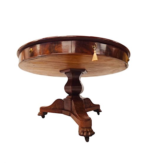 A VERY RARE LARGE 19TH CENTURY FLAME MAHOGANY LEATHER TOP DRUM CENTRE TABLE - ADDITIONAL PHOTO 6