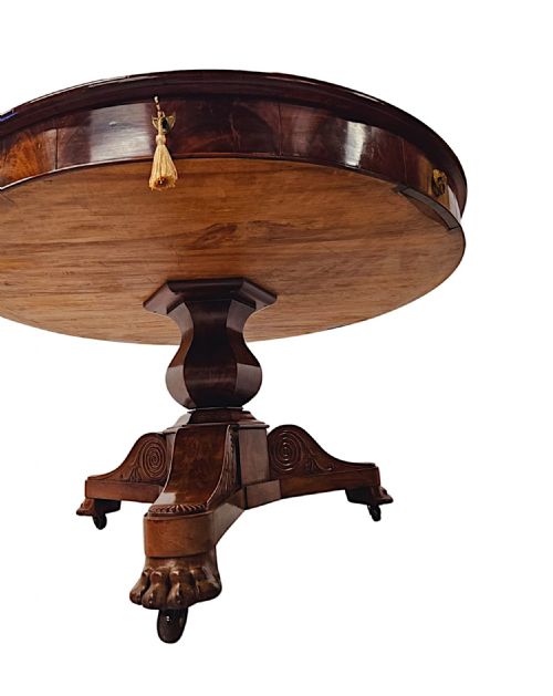 A VERY RARE LARGE 19TH CENTURY FLAME MAHOGANY LEATHER TOP DRUM CENTRE TABLE - ADDITIONAL PHOTO 7