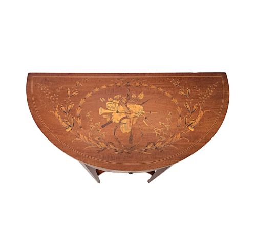 A VERY RARE EDWARDIAN MARQUETRY INLAID DEMILUNE HALL TABLE ATTRIBUTED TO LONDON MAKER 'EDWARD AND ROBERTS' - ADDITIONAL PHOTO 1