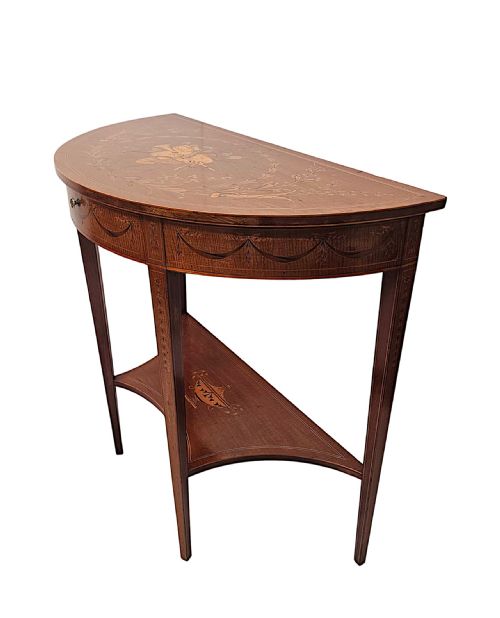 A VERY RARE EDWARDIAN MARQUETRY INLAID DEMILUNE HALL TABLE ATTRIBUTED TO LONDON MAKER 'EDWARD AND ROBERTS' - ADDITIONAL PHOTO 2