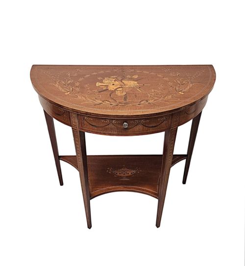 A VERY RARE EDWARDIAN MARQUETRY INLAID DEMILUNE HALL TABLE ATTRIBUTED TO LONDON MAKER 'EDWARD AND ROBERTS' - ADDITIONAL PHOTO 3