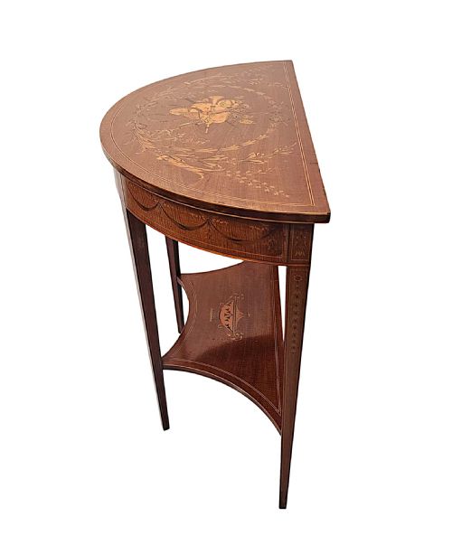 A VERY RARE EDWARDIAN MARQUETRY INLAID DEMILUNE HALL TABLE ATTRIBUTED TO LONDON MAKER 'EDWARD AND ROBERTS' - ADDITIONAL PHOTO 4