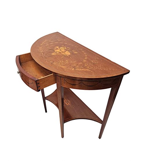 A VERY RARE EDWARDIAN MARQUETRY INLAID DEMILUNE HALL TABLE ATTRIBUTED TO LONDON MAKER 'EDWARD AND ROBERTS' - ADDITIONAL PHOTO 5