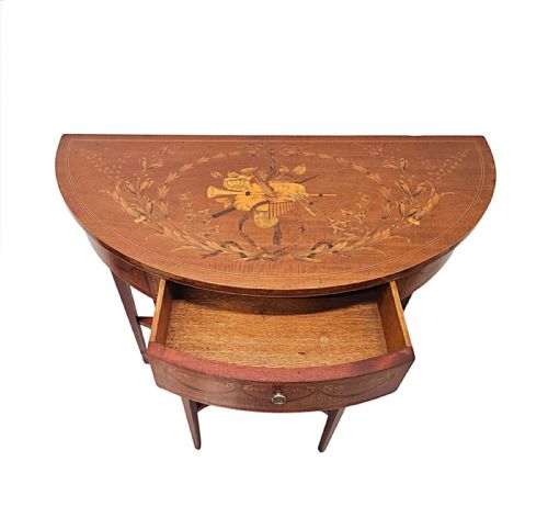 A VERY RARE EDWARDIAN MARQUETRY INLAID DEMILUNE HALL TABLE ATTRIBUTED TO LONDON MAKER 'EDWARD AND ROBERTS' - ADDITIONAL PHOTO 6