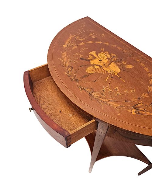 A VERY RARE EDWARDIAN MARQUETRY INLAID DEMILUNE HALL TABLE ATTRIBUTED TO LONDON MAKER 'EDWARD AND ROBERTS' - ADDITIONAL PHOTO 7