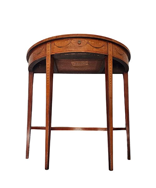 A VERY RARE EDWARDIAN MARQUETRY INLAID DEMILUNE HALL TABLE ATTRIBUTED TO LONDON MAKER 'EDWARD AND ROBERTS' - ADDITIONAL PHOTO 10