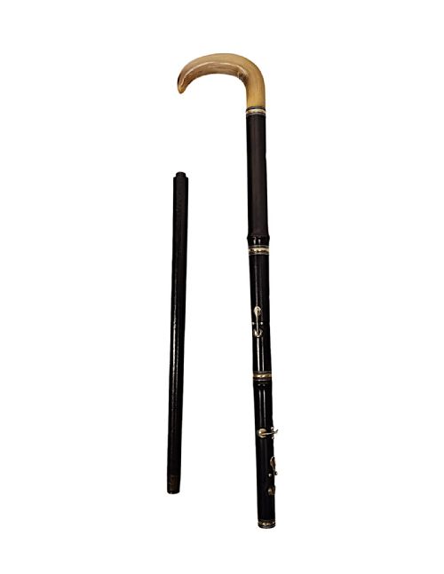 A VERY RARE 19TH CENTURY TIMBER FLUTE WALKING STICK WITH HORN HANDLE - ADDITIONAL PHOTO 2