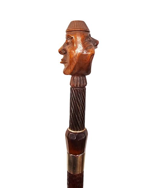 A VERY RARE 19TH CENTURY GADGET NUT CRACKER WALKING CANE WITH A PAIR OF CARVED HEADS - ADDITIONAL PHOTO 2