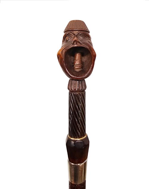 A VERY RARE 19TH CENTURY GADGET NUT CRACKER WALKING CANE WITH A PAIR OF CARVED HEADS - ADDITIONAL PHOTO 5