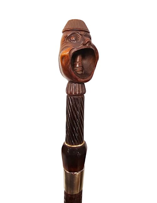 A VERY RARE 19TH CENTURY GADGET NUT CRACKER WALKING CANE WITH A PAIR OF CARVED HEADS - ADDITIONAL PHOTO 7