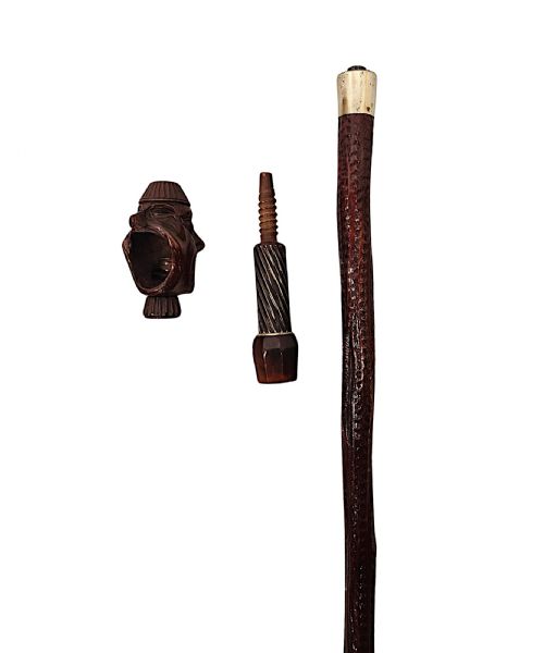 A VERY RARE 19TH CENTURY GADGET NUT CRACKER WALKING CANE WITH A PAIR OF CARVED HEADS - ADDITIONAL PHOTO 9