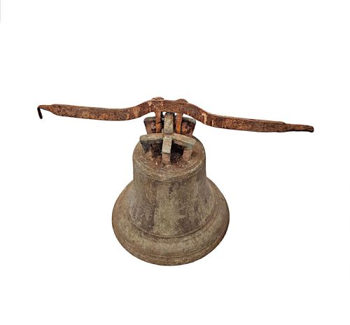 A VERY RARE 19TH CENTURY BRONZE TOWER BELL MOUNTED ON ORIGINAL HANGING BRACKET - ADDITIONAL PHOTO 3