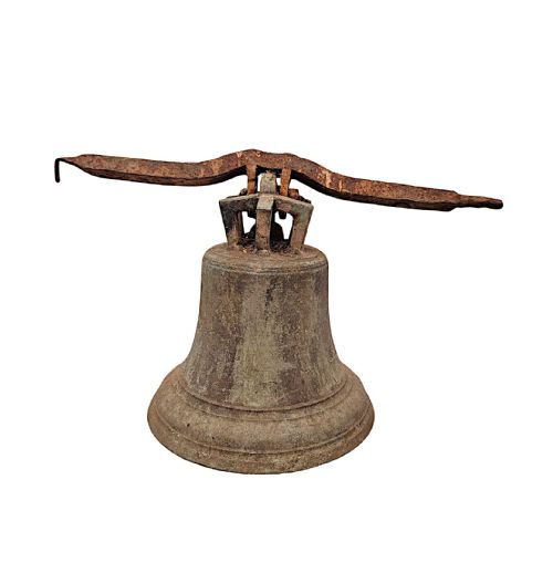 A VERY RARE 19TH CENTURY BRONZE TOWER BELL MOUNTED ON ORIGINAL HANGING BRACKET - ADDITIONAL PHOTO 5