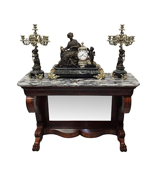 A VERY RARE AND FINE 19TH CENTURY FRENCH MARBLE AND BRONZE GARNITURE CLOCK SET - ADDITIONAL PHOTO 6