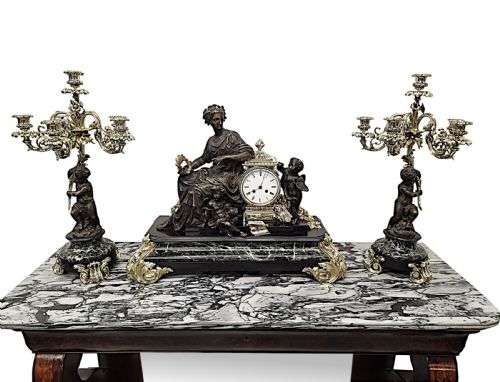 A VERY RARE AND FINE 19TH CENTURY FRENCH MARBLE AND BRONZE GARNITURE CLOCK SET - ADDITIONAL PHOTO 8