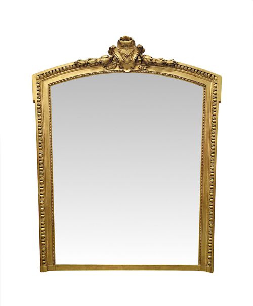 A VERY FINE LARGE 19TH CENTURY GILTWOOD OVERMANTEL OR HALL MIRROR WITH CENTRAL CARTOUCHE