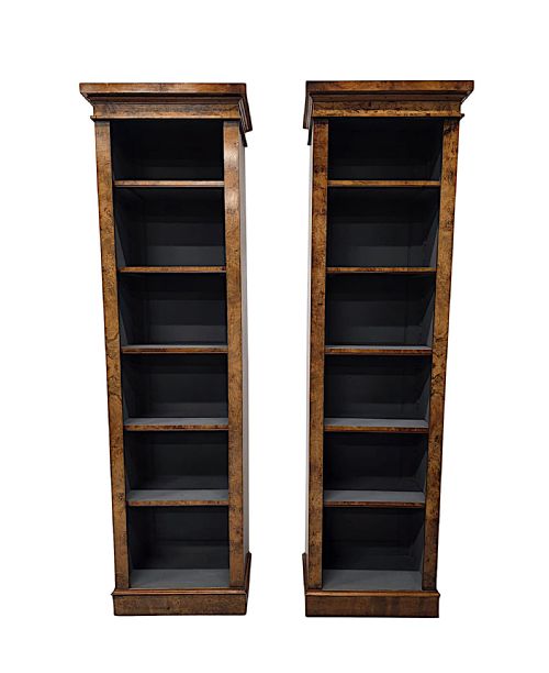 A Very Fine Pair of Slim Early 20th Century Burr Walnut Open Bookshelves