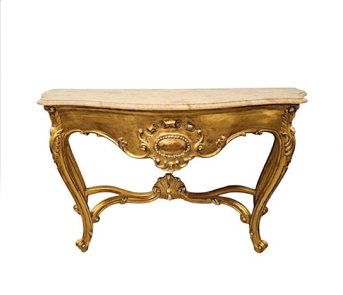 A VERY FINE EARLY 20TH CENTURY MARBLE TOP GILTWOOD CONSOLE TABLE