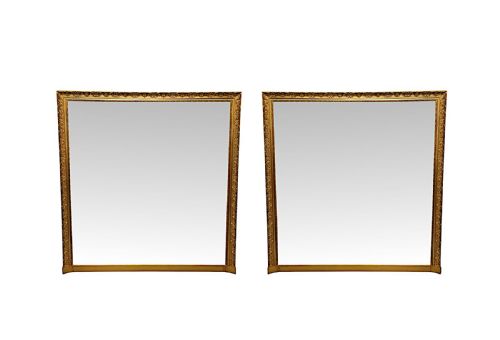 A VERY RARE PAIR OF EARLY 20TH CENTURY LARGE SIZE GILTWOOD OVERMANTEL MIRRORS OF SIMPLE DESIGN