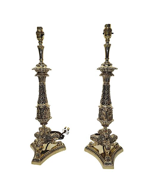 A VERY RARE PAIR OF 19TH CENTURY POLISHED BRASS EMPIRE STYLE CANDLESTICKS CONVERTED TO TABLE LAMPS - ADDITIONAL PHOTO 1