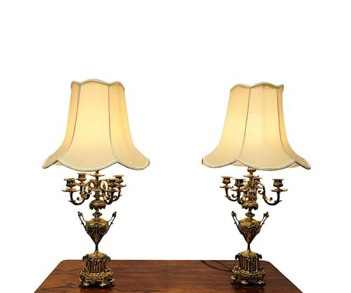 A STUNNING PAIR OF 19TH CENTURY BRASS CANDELABRA CONVERTED TO TABLE LAMPS
